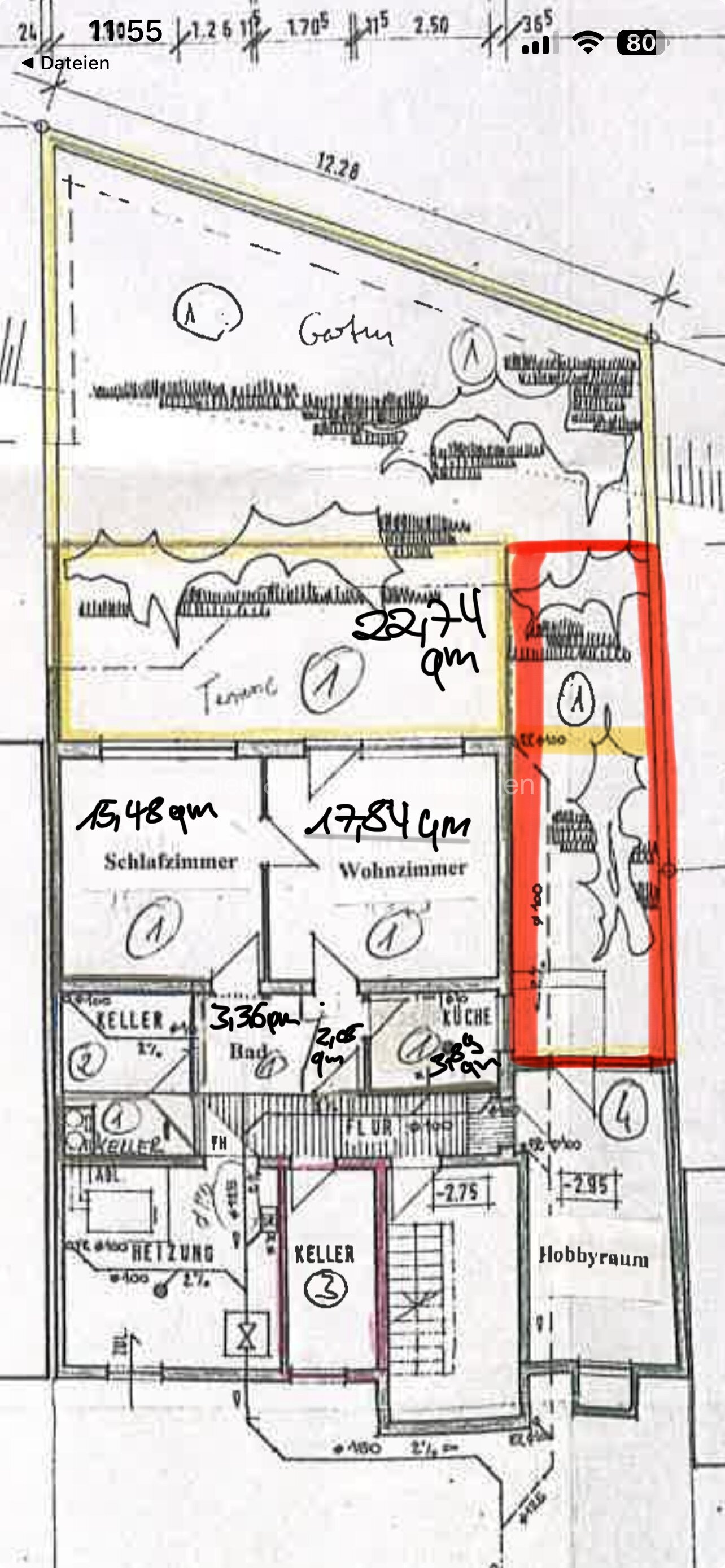 Grundriss (Gartenstück in rot gehört nicht zum Garten dazu)
