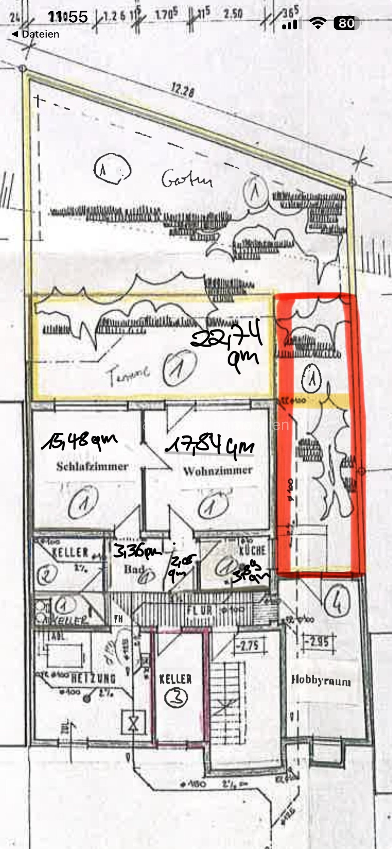 Grundriss (Gartenstück in rot gehört nicht zum Garten dazu)